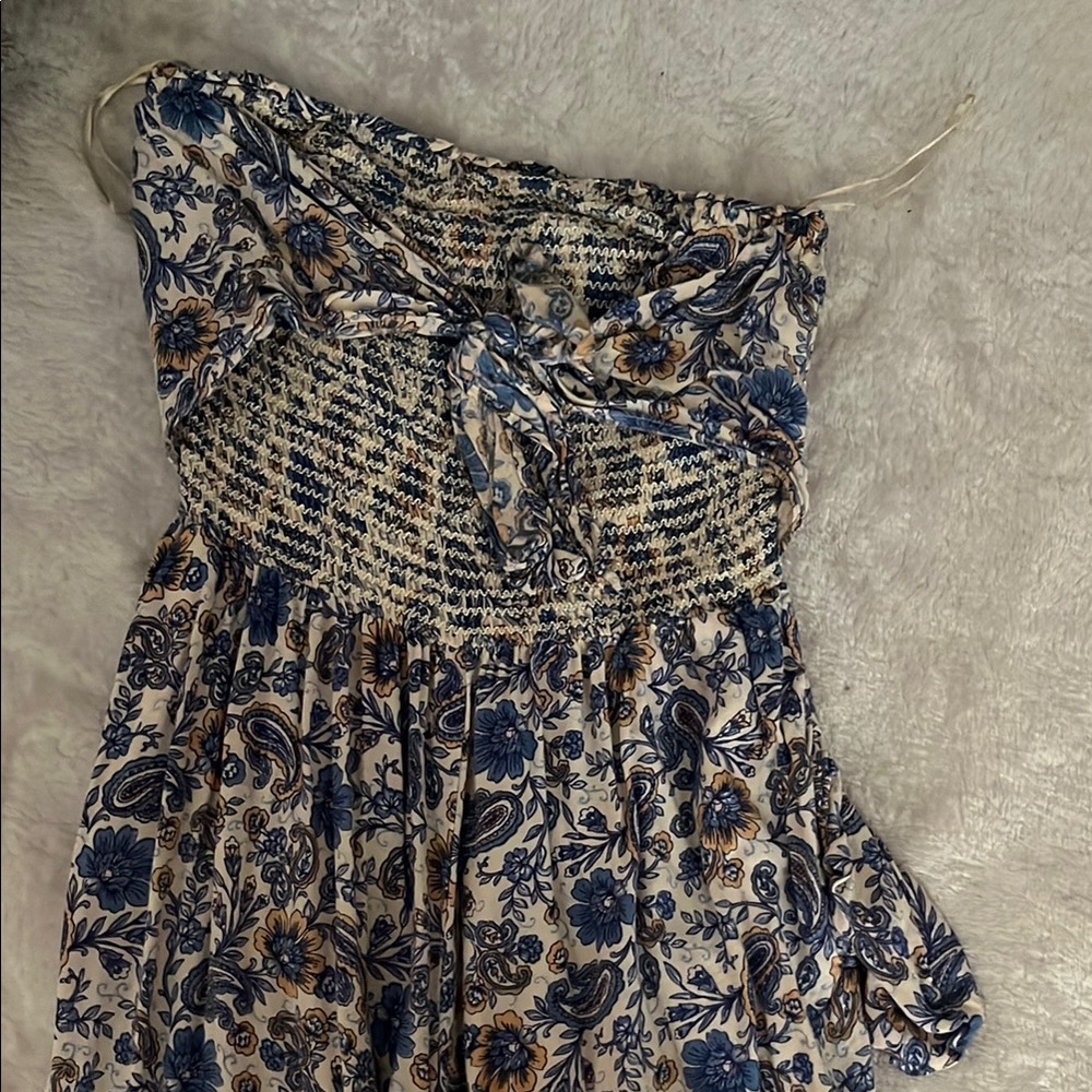 Floral Smocked Dress with Blue and Cream Pattern